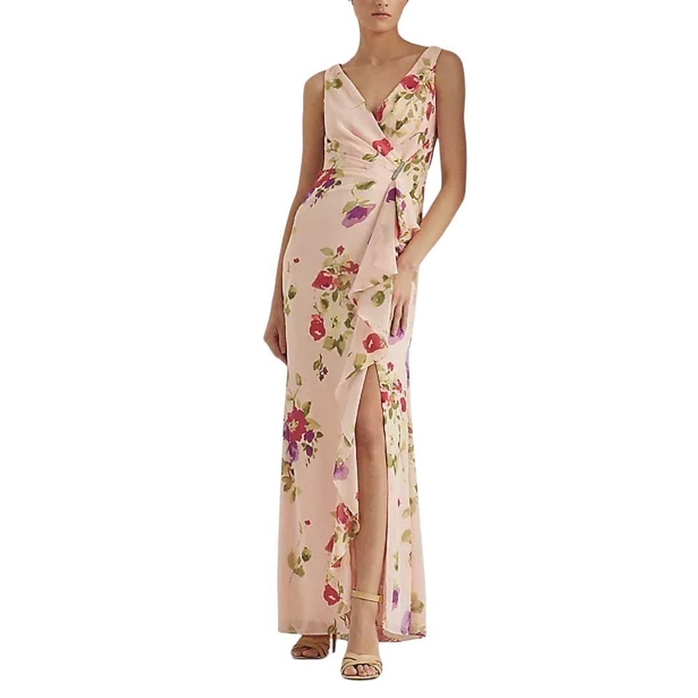 Lauren Ralph Lauren Pink Floral Georgette Gown Gathered Gem Waist Size 2